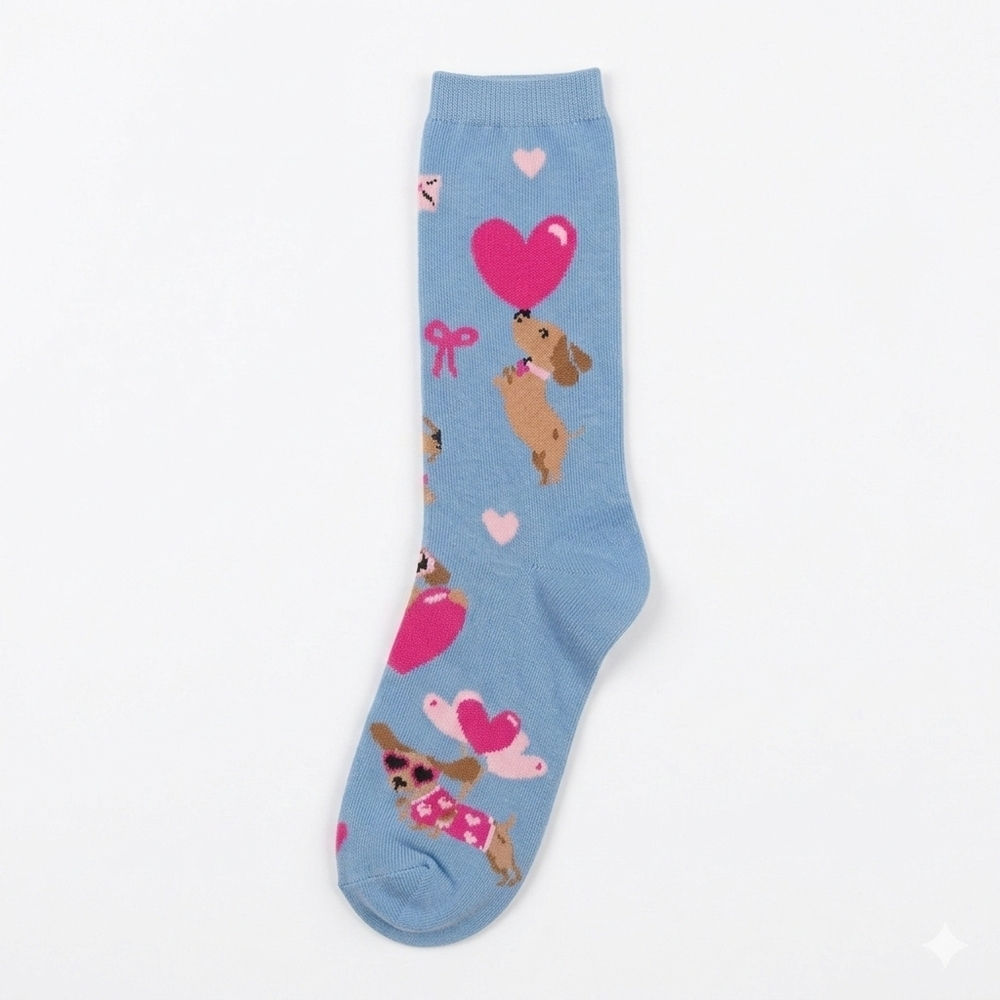 Dachshund Socks Blue With Heart Design